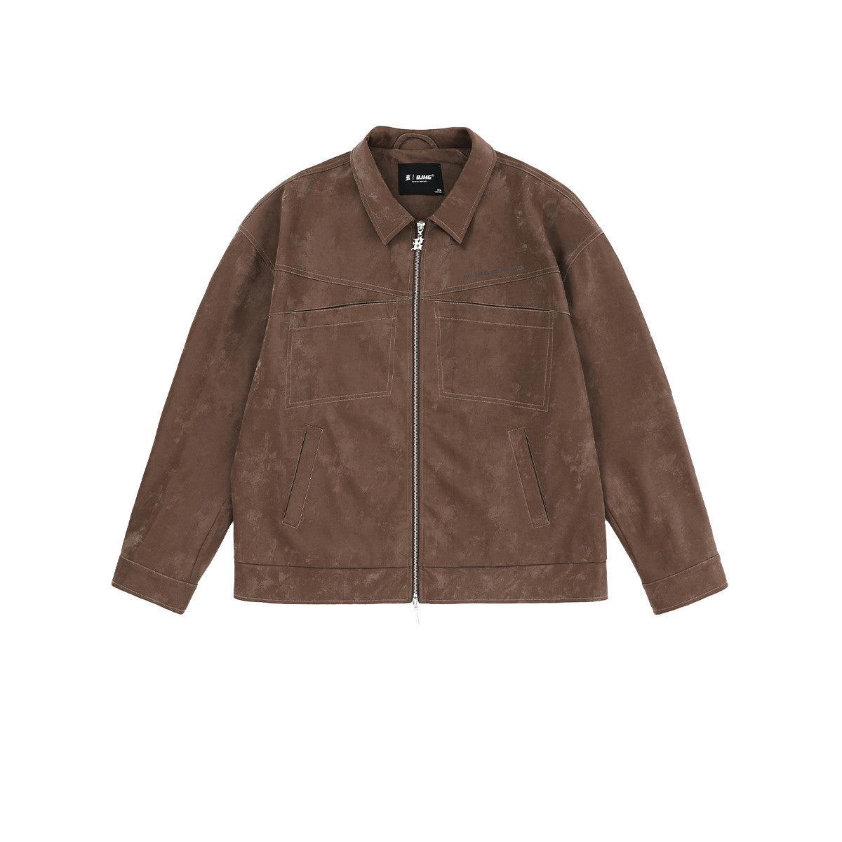 Women’s faux leather zip-up jacket with pleated tooling, standing collar, cocoa brown