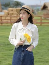 Literary White Long-sleeved Shirt Women - WOMONA.COM