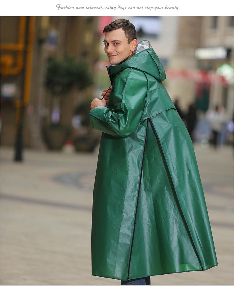 Long green raincoat with hood, adjustable front zipper and roomy fit