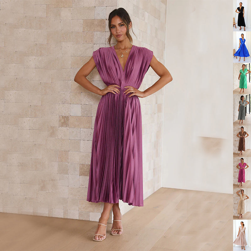 Women's sleeveless V-neck pleated dress – product image 1