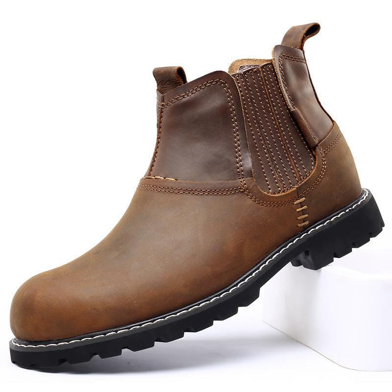 Men Leather Ankle Boots Round Toe Hiking Shoes - WOMONA.COM