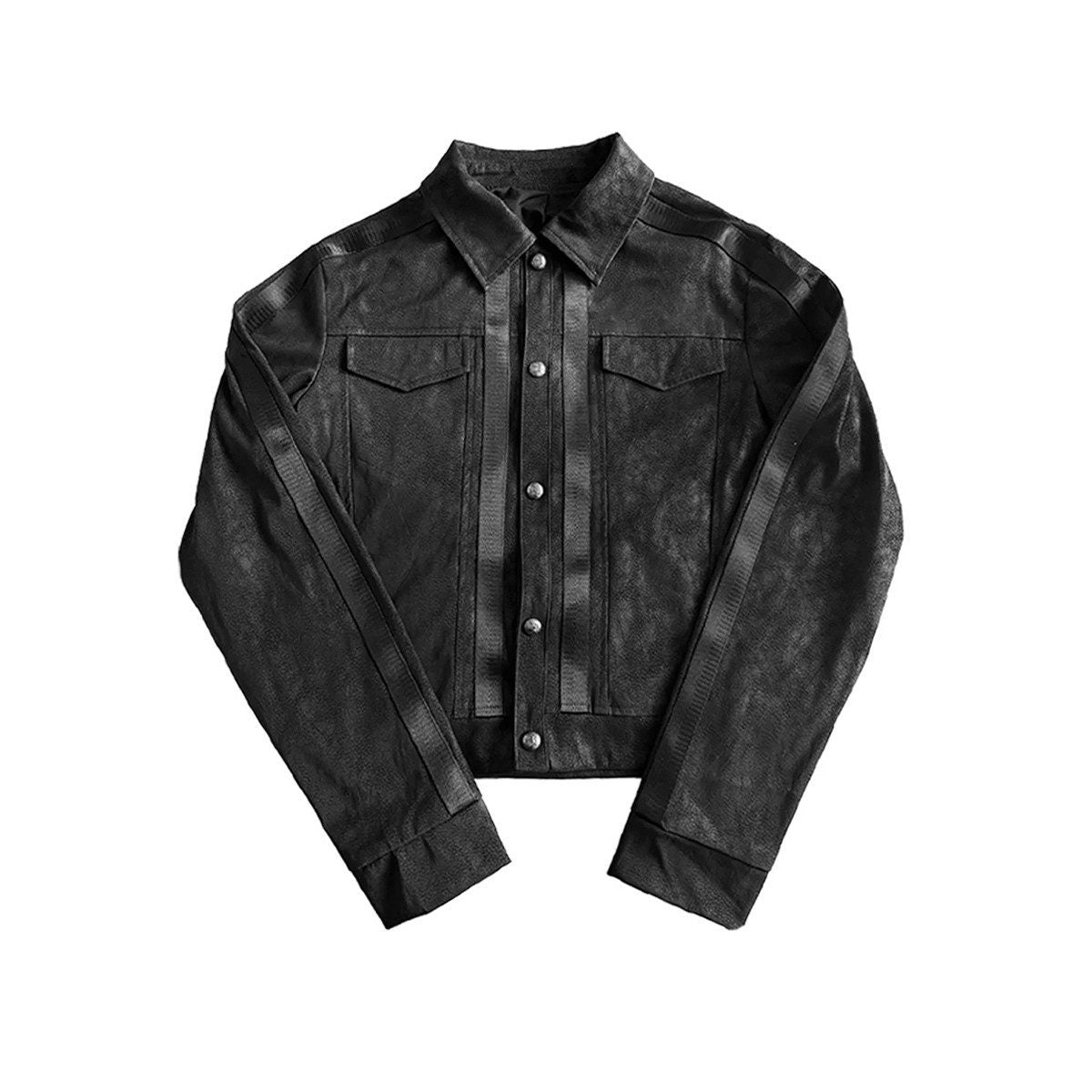 Black patchwork jacket top, button front with chest flap pockets and diagonal stripe panels.