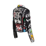 Printed Hit Color Motorcycle Leather Jacket Women's - WOMONA.COM