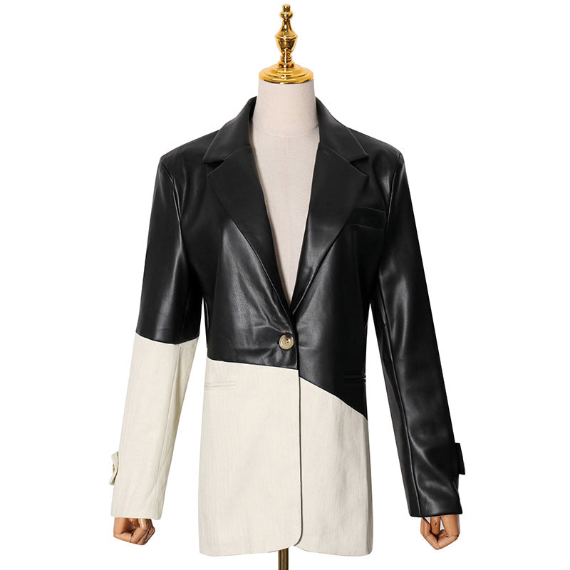 Ladies Loose Stitching PU Leather Suit Jacket - WOMONA.COM