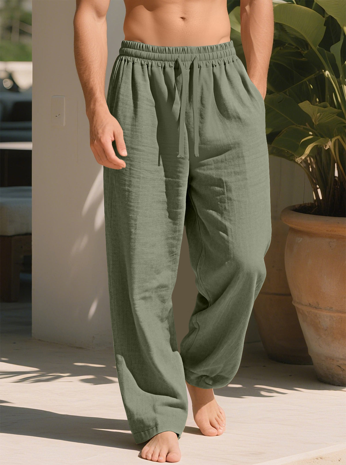 Army green plus size loose straight trousers with elastic waistband and drawstring