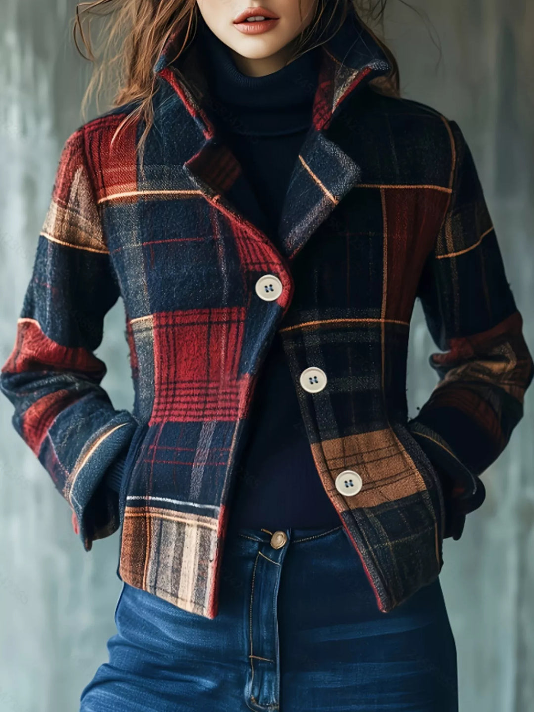 Women's Vintage Plaid Button-Up Jacket – Plus Size
