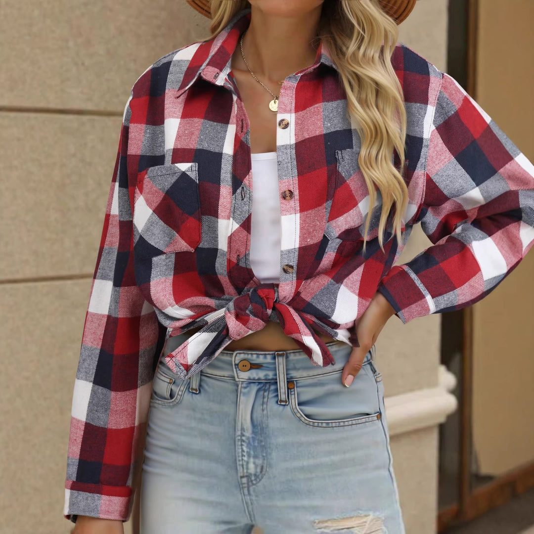 Women's mid-length casual plaid flannel shirt
