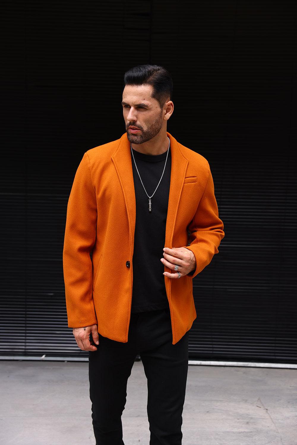Orange solid coat with notched lapels and button front, three-quarter front