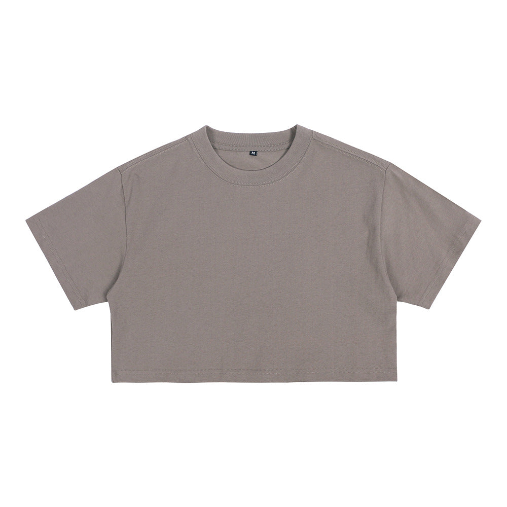 Dark gray loose crop T-shirt with short sleeves and crew round neckline