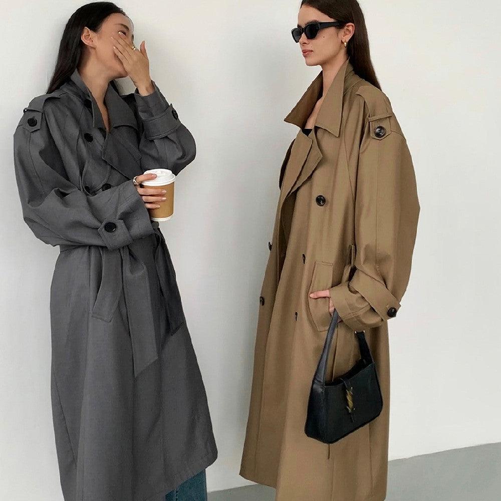 Mid-length double-breasted lapel coat in classic khaki, belted waist and button front
