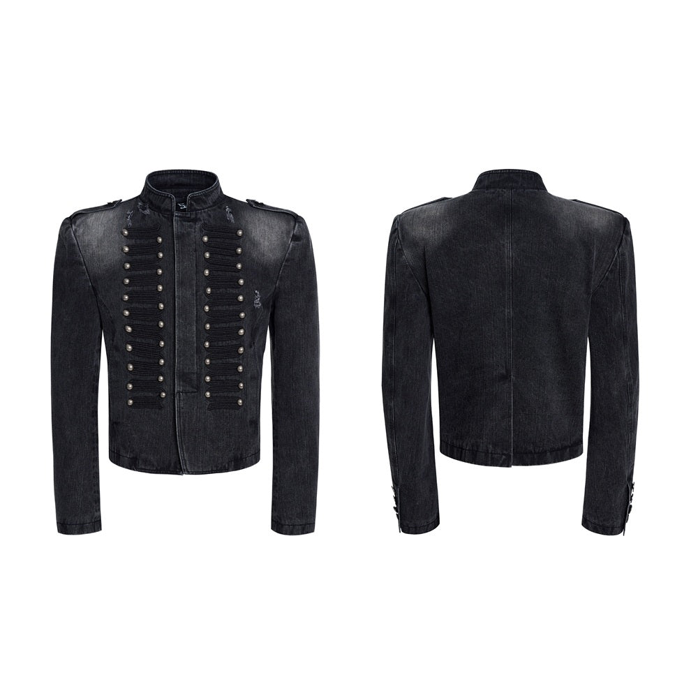 Men's Button-Detail Stand-Collar Denim Jacket, Black And Gray - product view 3
