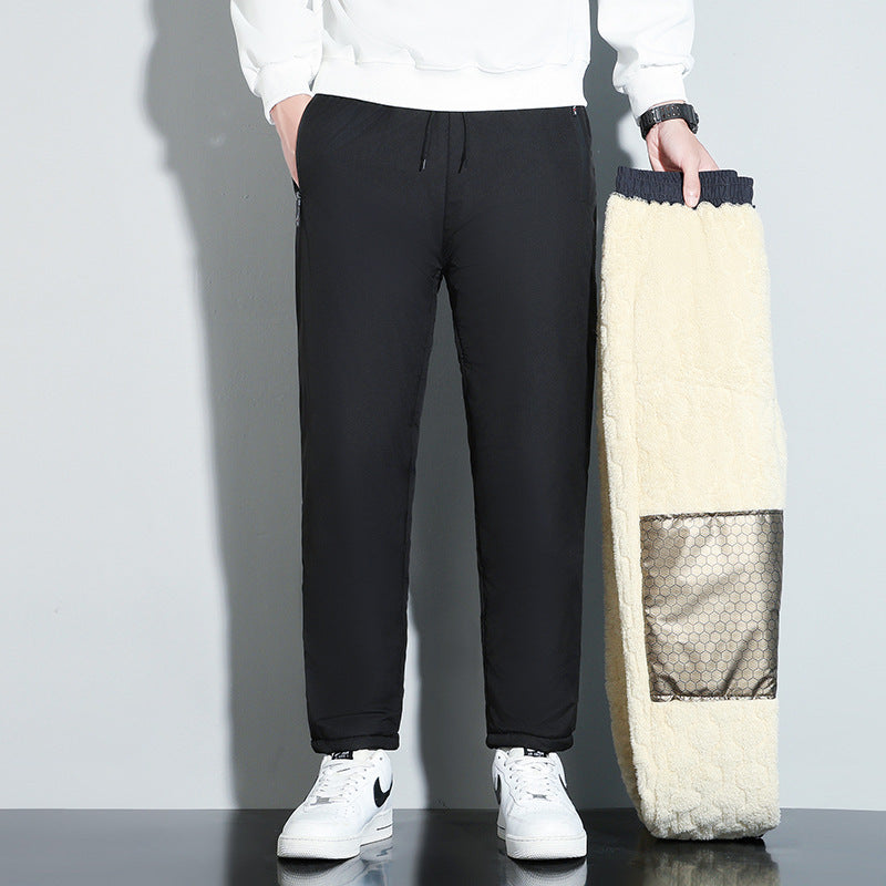 Men’s dark casual pants with elastic waist and beige fleece cuff trim