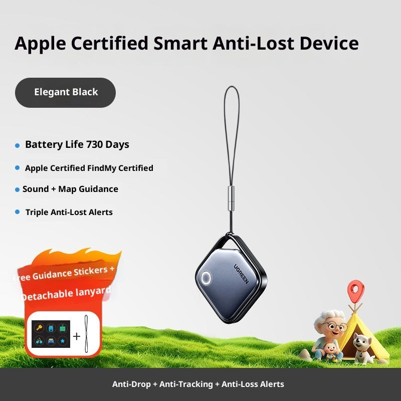 Mini GPS pet tracker keychain, black square tracker on lanyard with attachment loop