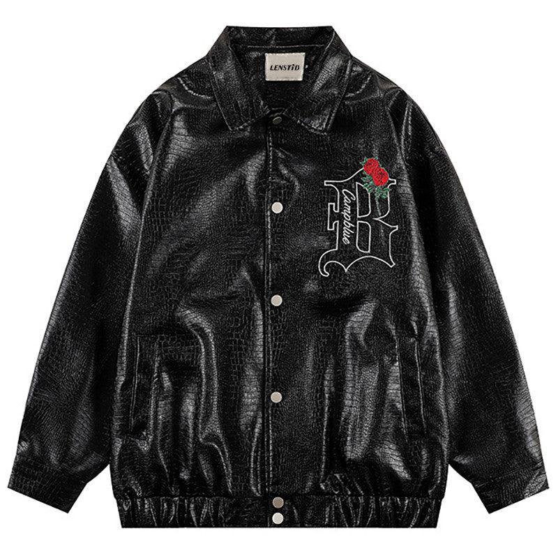 Rose Embroidered PU Leather Statement Jacket - WOMONA.COM