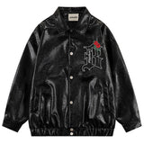 Rose Embroidered PU Leather Statement Jacket - WOMONA.COM