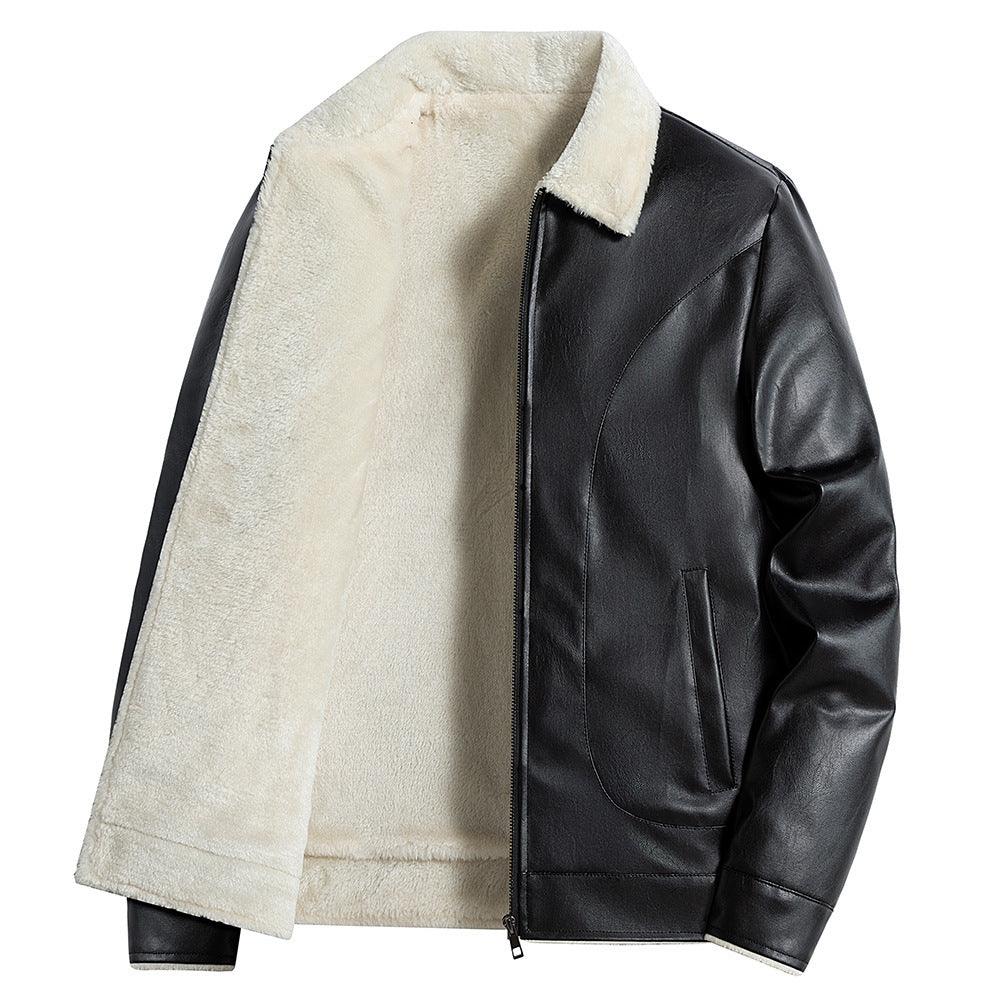 Men's casual black coat with off-white sherpa lining, stand collar and zip front