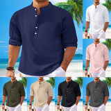 Men's Cotton And Linen Stand Collar Long Sleeve Shirt - WOMONA.COM