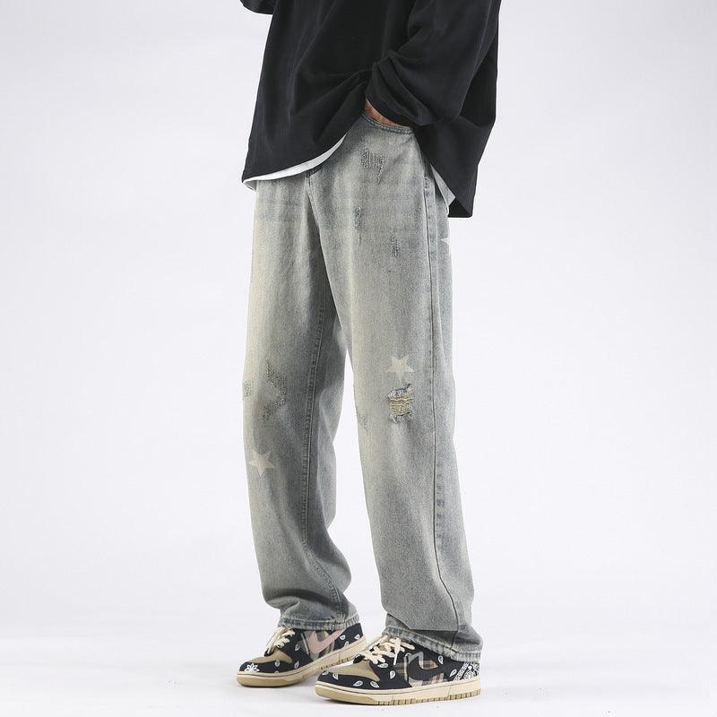 Men's Star-Print Mud-Dyed Ripped Jeans