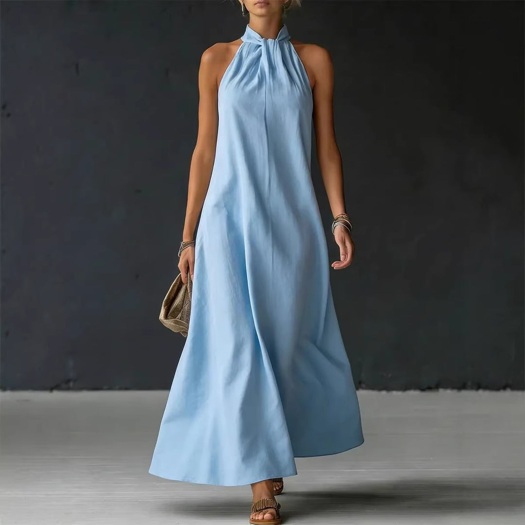Light blue off-shoulder sleeveless cross-strap maxi dress with gathered high neck