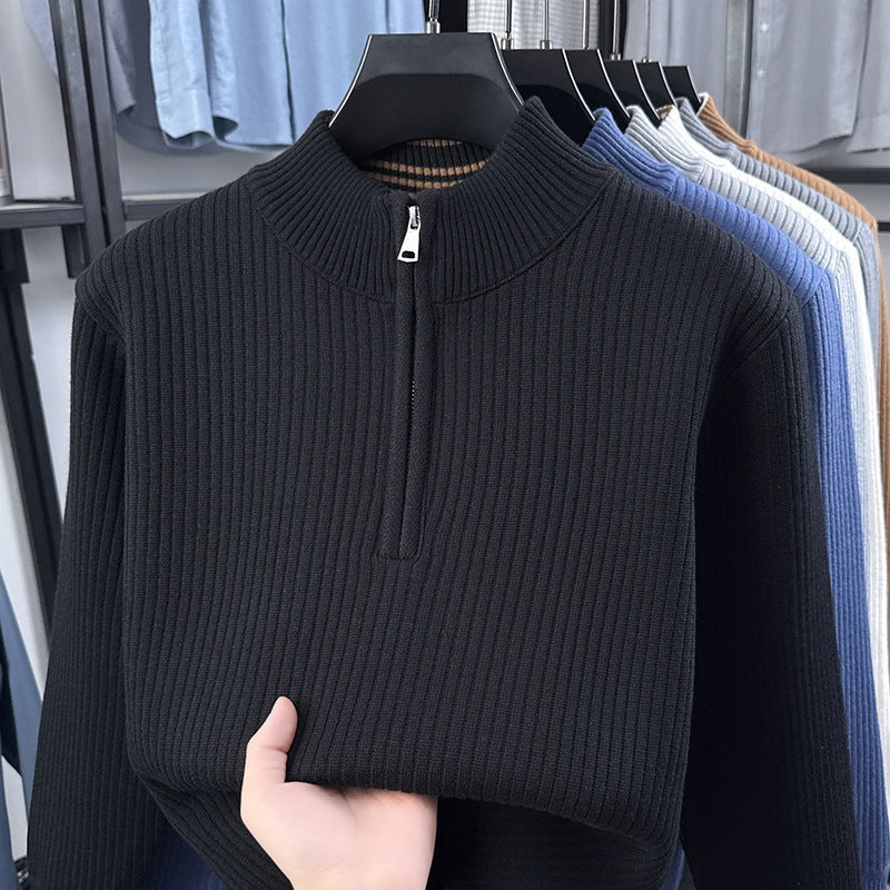 Men's Ribbed High-Neck Half-Zip Sweater, Black - product view 9