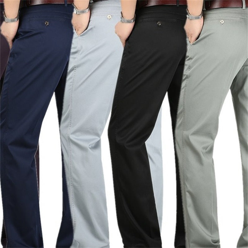 Men's straight loose casual trousers, navy, light gray, black, and sage green shown.