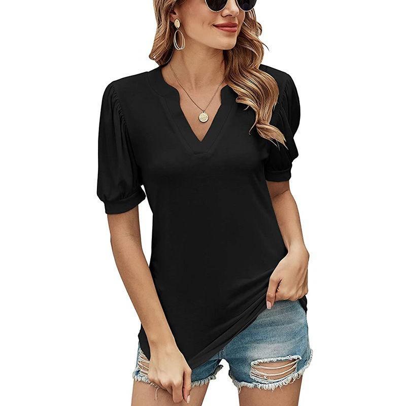 Solid Color Puff Sleeve Loose T-shirt For Women - WOMONA.COM