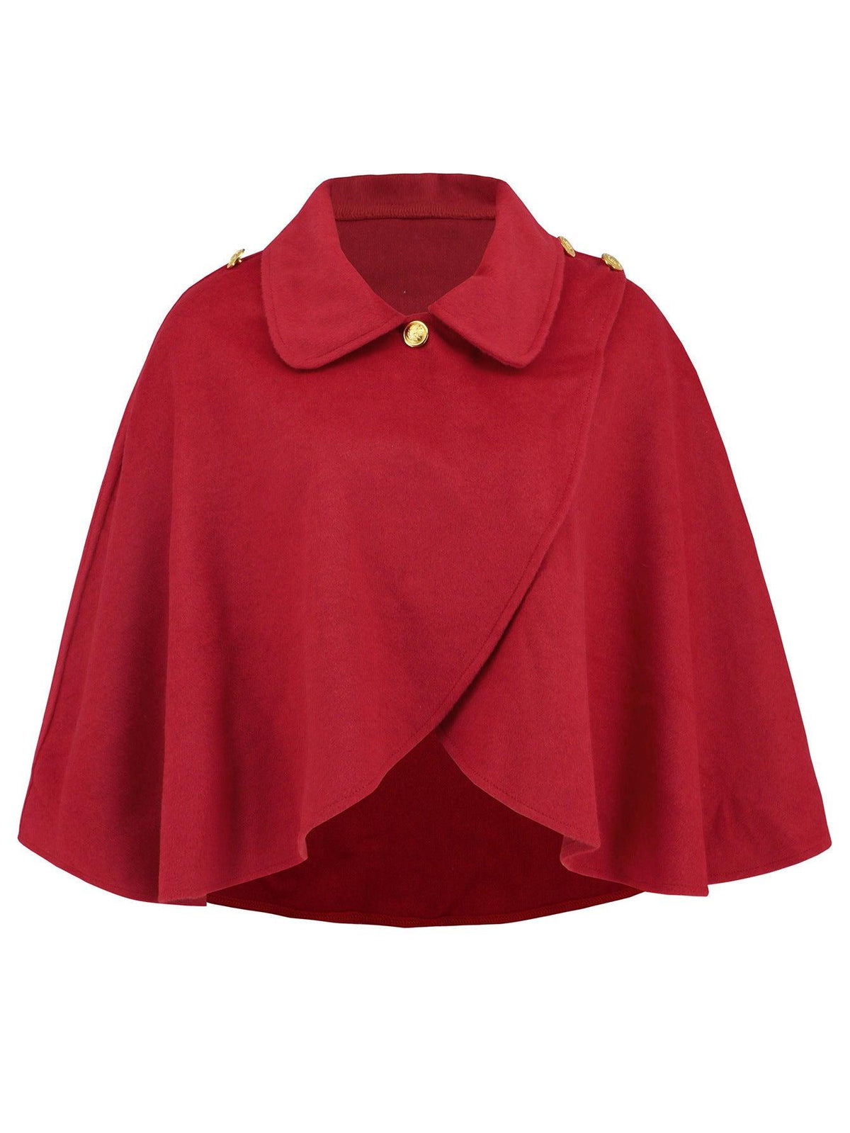 Red wool cape coat with large collar and gold button, asymmetrical draped front