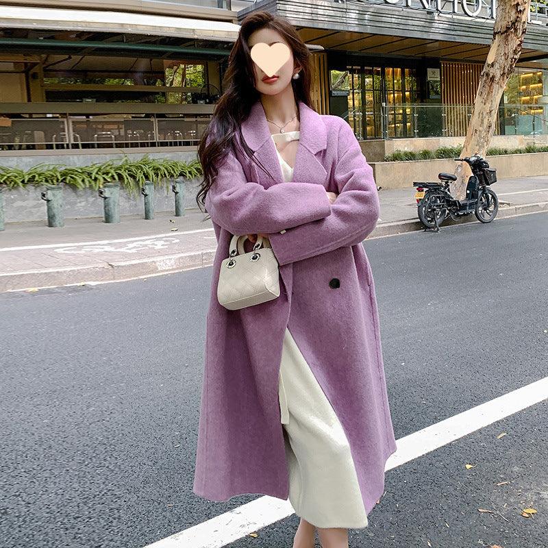 Women’s mid-length lavender purple double-breasted wool trench coat with notched lapels