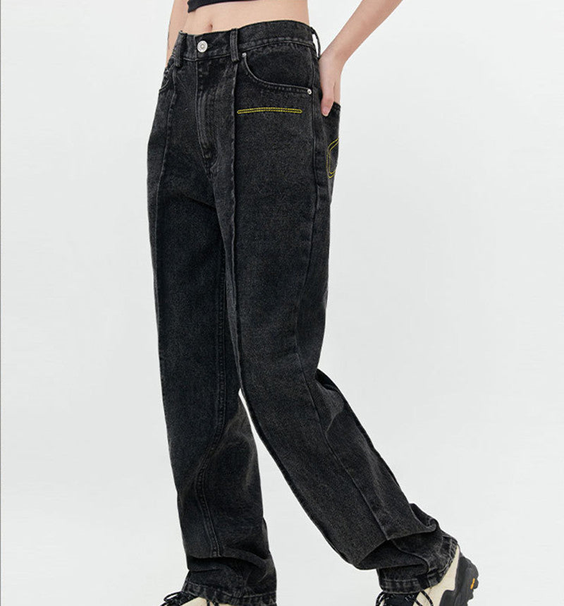 Street Washed Stitching Straight Jeans For Men And Women - WOMONA.COM
