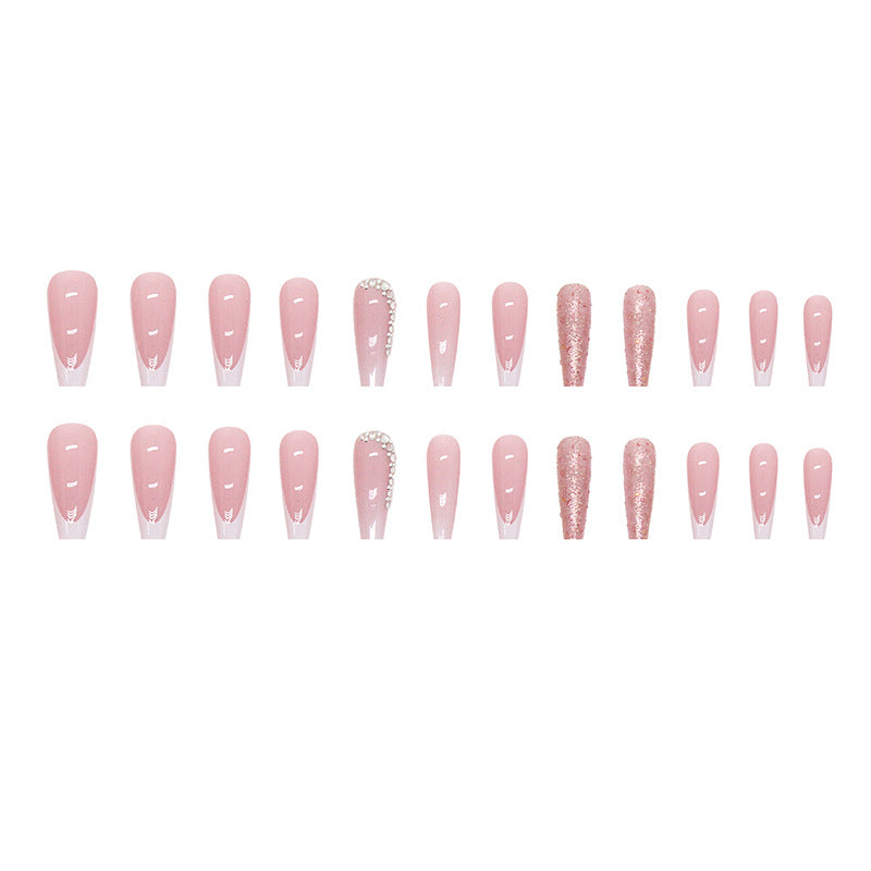 French Gradient Length Pile Rhinestone Fake Nails - WOMONA.COM