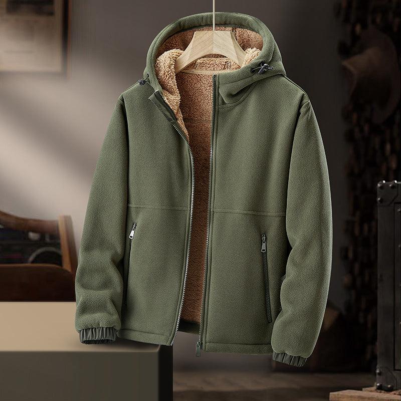 Army green hooded fleece padded coat with full zip and sherpa-lined collar
