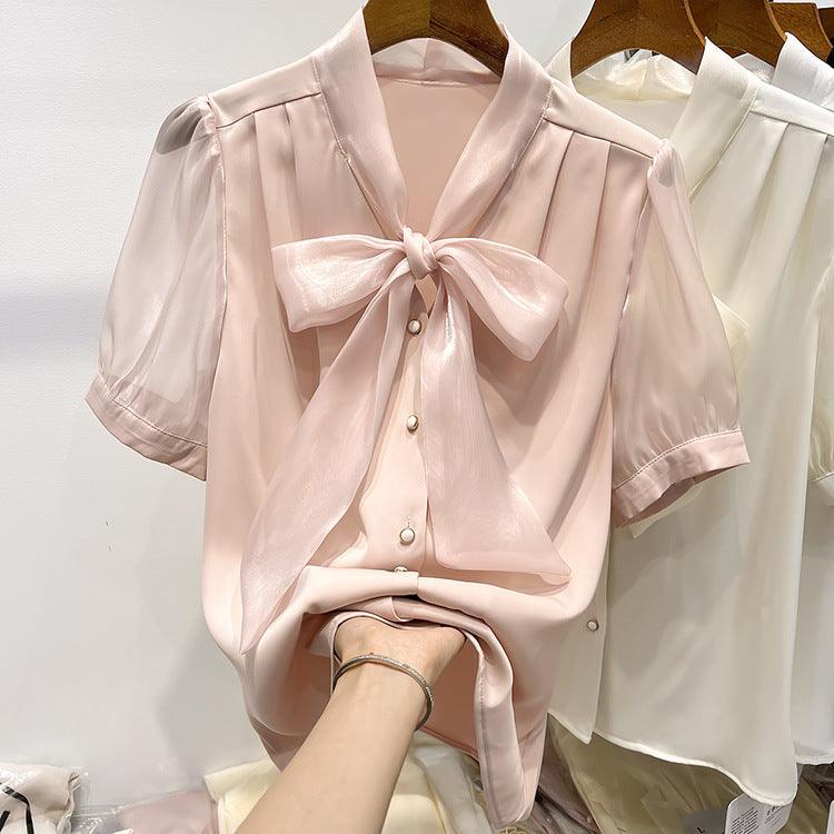 Pure Color Tied Single-breasted Short Sleeve Shirt For Women - WOMONA.COM