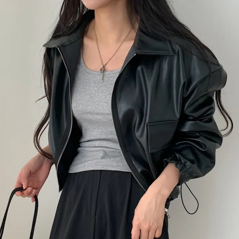 Lapel Double Zipper Pocket Long Sleeve Leather Coat - WOMONA.COM