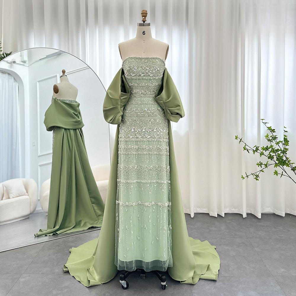 Beads Off-shoulder Satin Trailing Evening Dress - WOMONA.COM