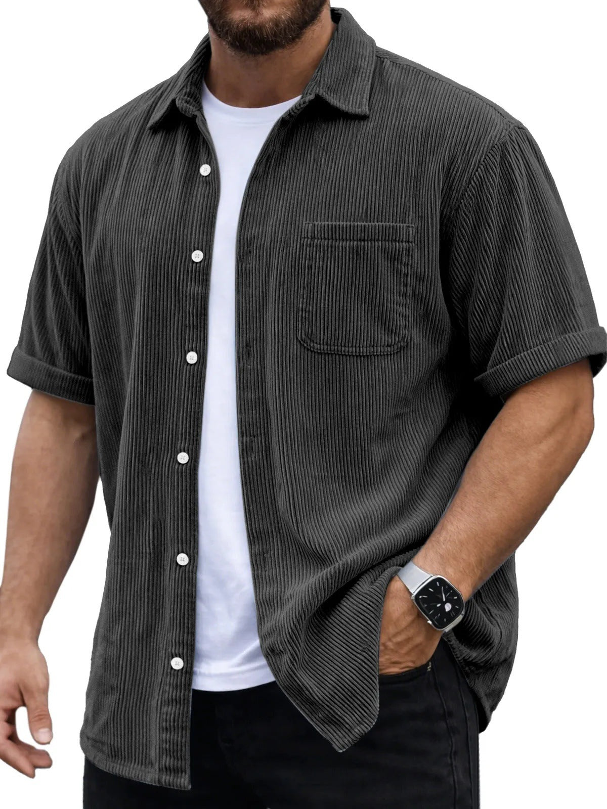 Dark gray black corduroy short-sleeve button-up shirt with chest pocket and white buttons