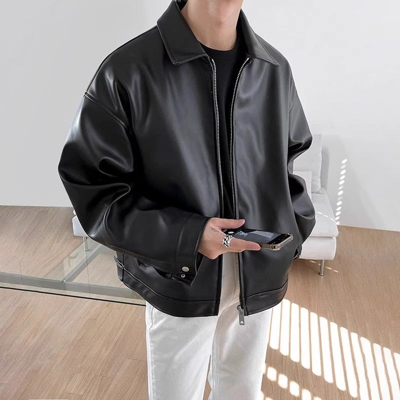 Black leather biker jacket with stand collar and front zip closure