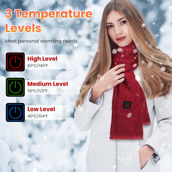 Red heated neck wrap scarf with small control pocket, soft fabric for warming