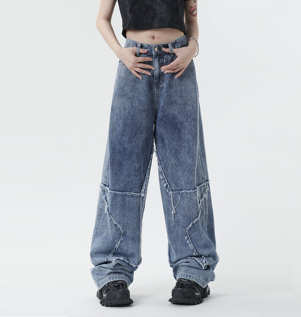 Five-pointed Star Affixed Cloth Embroidered Jeans For Women - WOMONA.COM