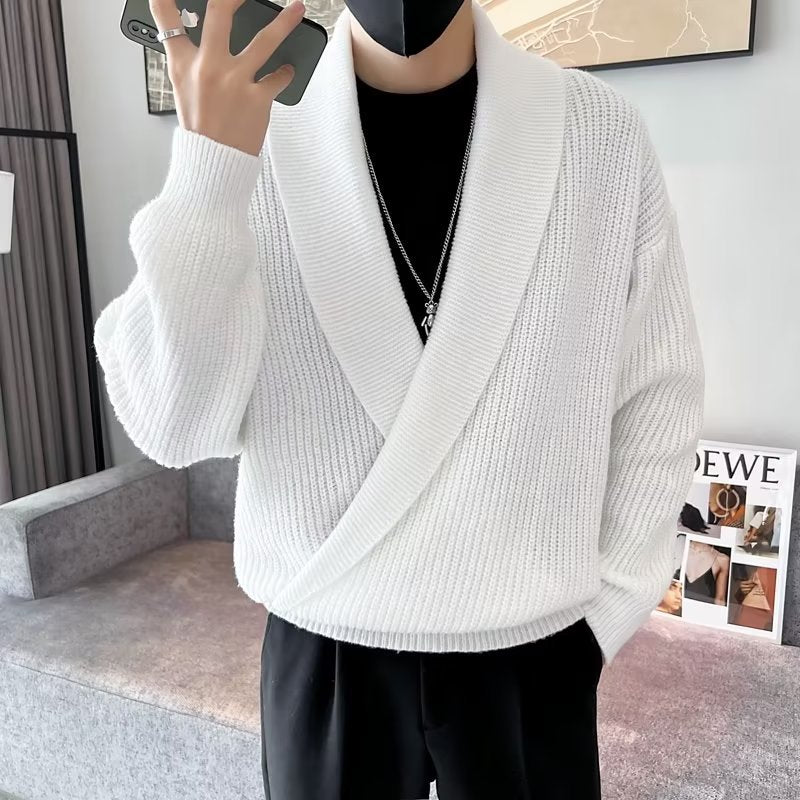 White V-neck drapey knit sweater for men, long sleeves with crossover front wrap