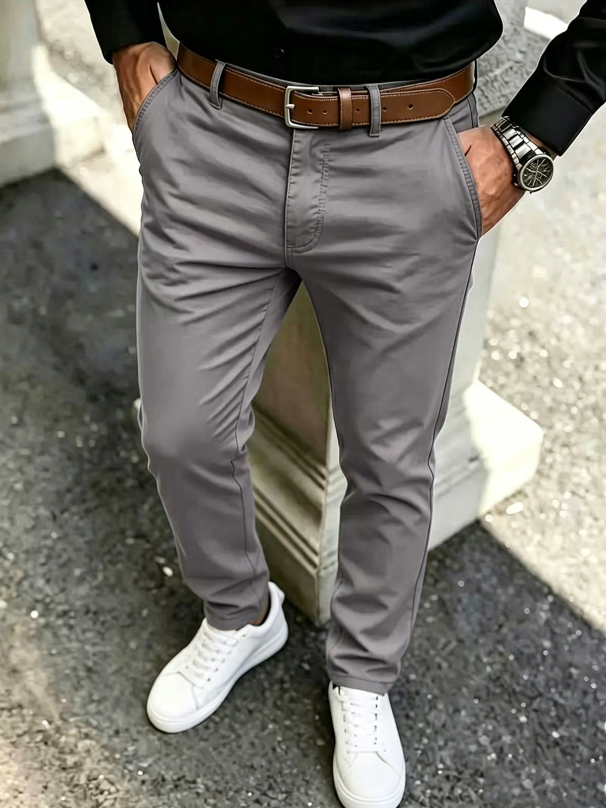 Gray slim-fit casual cotton pants, tapered legs with belt loops.