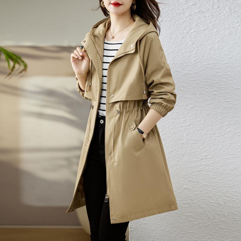 Women’s hooded windbreaker coat in camel, mid-length, drawstring waist, front pockets