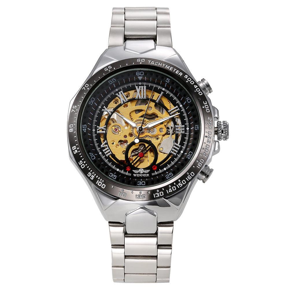 Steel automatic skeleton watch front view with black dial and gold-toned movement