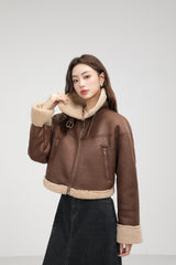 Stand Collar Fur Integrated Lamb Fur Short Coat - WOMONA.COM