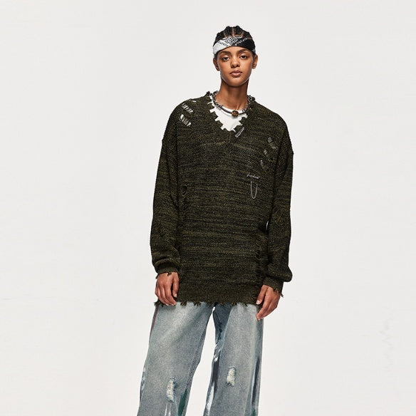 Men's Clothing High Street Arabesquitic Fabric Ripped Sweater - WOMONA.COM