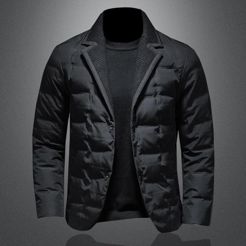 Black quilted puffer down jacket with dark rib-knit collar and open front