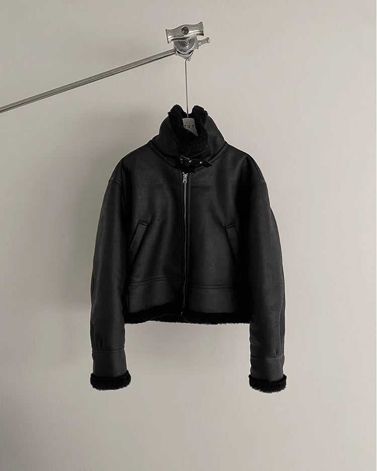 Loose Suede Lambswool Leather Jacket - WOMONA.COM