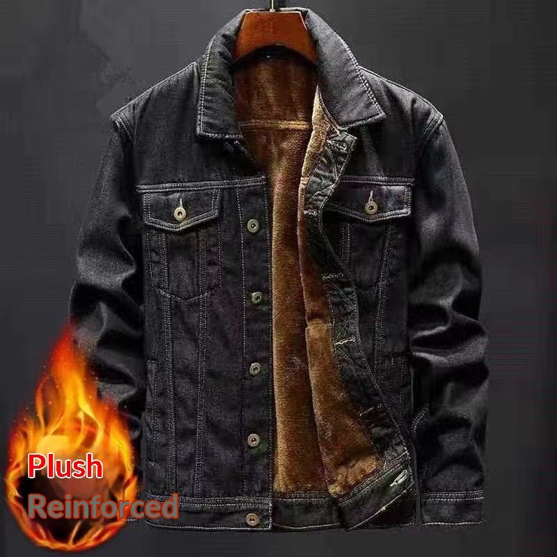 Men's black thickened fleece-lined padded denim jacket – photo 1 of 6