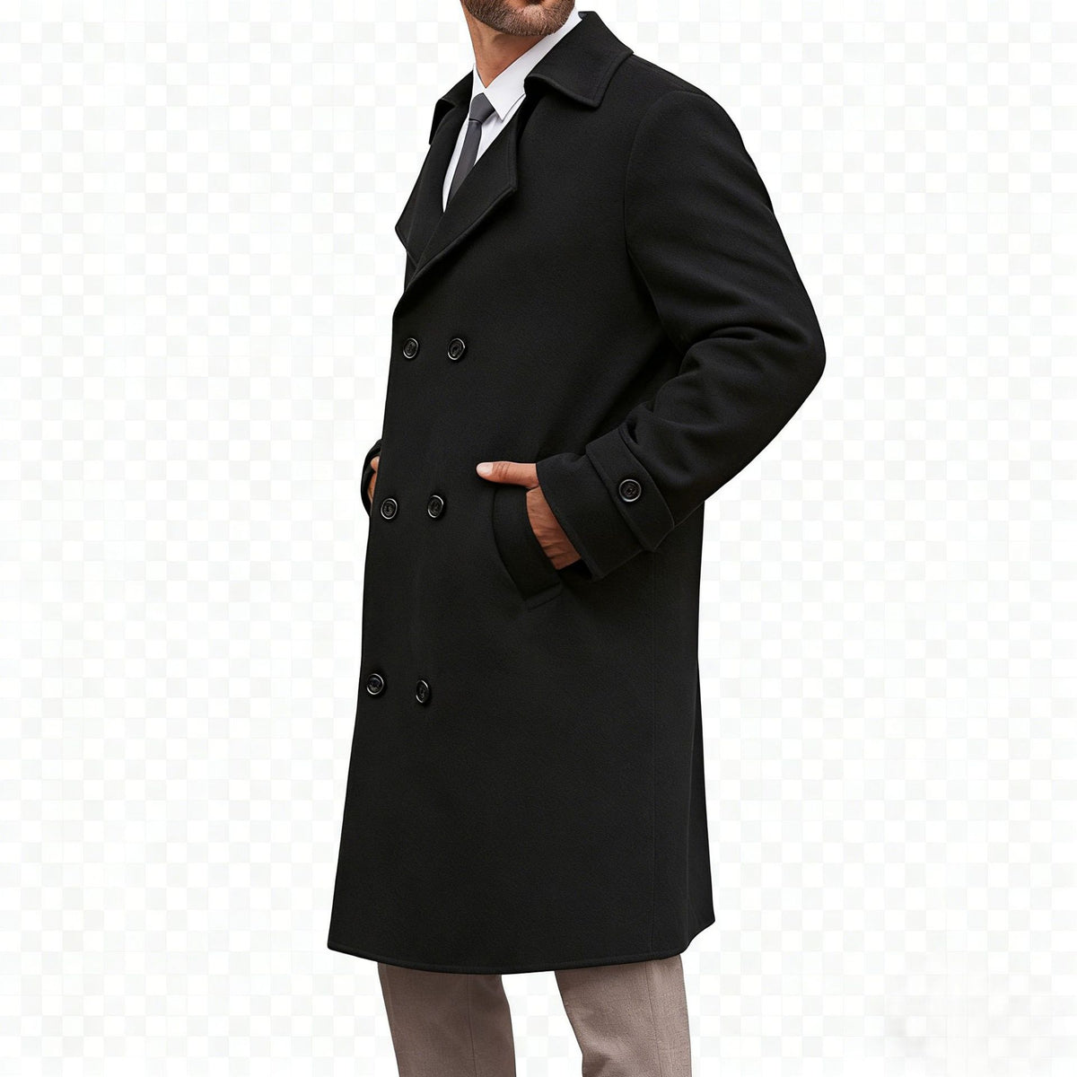 Black cotton-padded wool coat with wide lapels, double-breasted buttons, and long sleeve cuffs