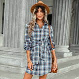 Foreign Trade Fashion Plaid Drawstring Waist-tight Dress - WOMONA.COM