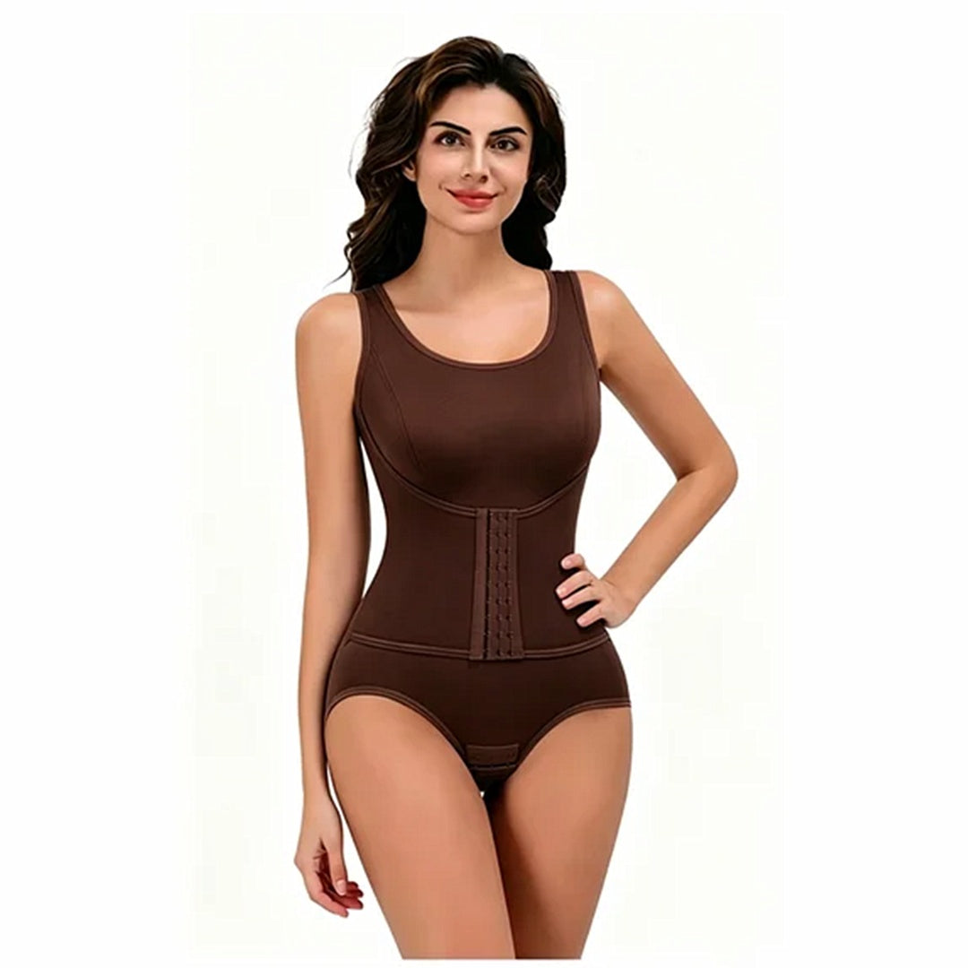 Coffee-brown women's tummy control bodysuit shaper, sleeveless with front panel and full coverage